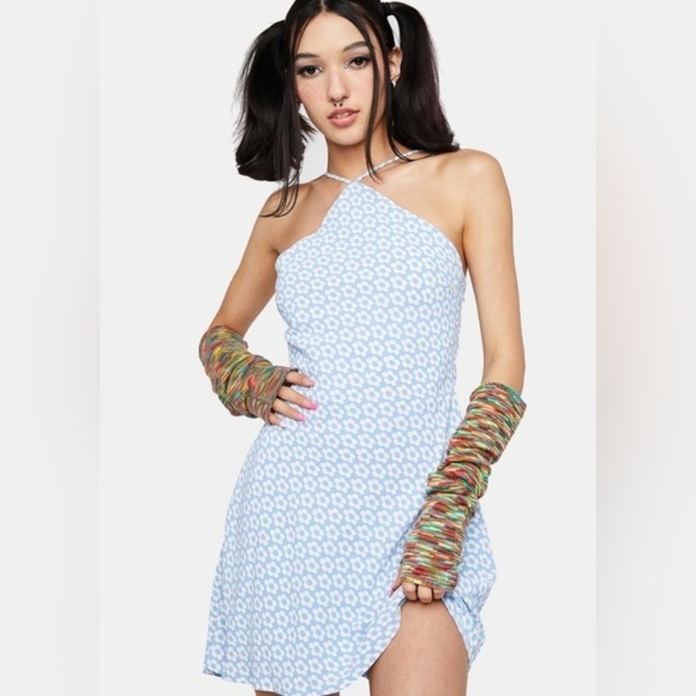 NWT Medium Baby Blue Daisy Strappy Mini Halter Dress Floral Y2K dk